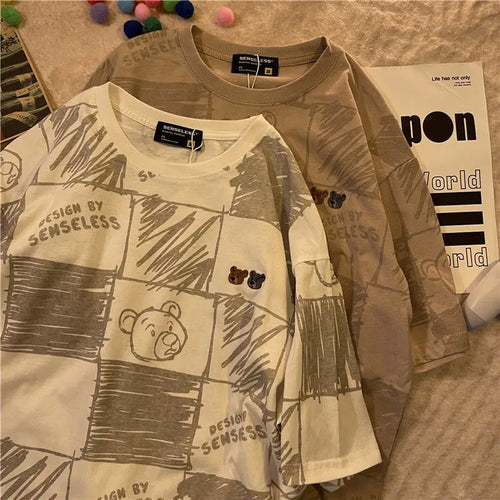 Korean Style Loose Casual Plaid Bear Printed Short Sleeve