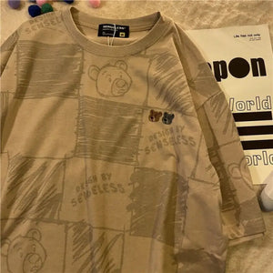 Korean Style Loose Casual Plaid Bear Printed Short Sleeve