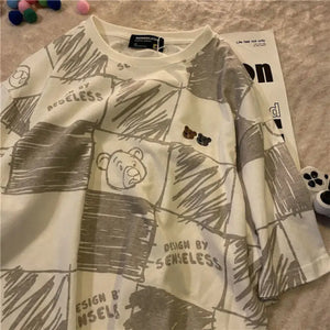 Korean Style Loose Casual Plaid Bear Printed Short Sleeve