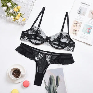 Lace Embroidery Floral Mesh Open Cup Lingerie Set - black