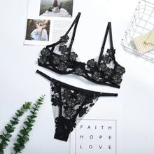 Load image into Gallery viewer, Lace Floral See Through Bra &amp; Panty Set - black / M