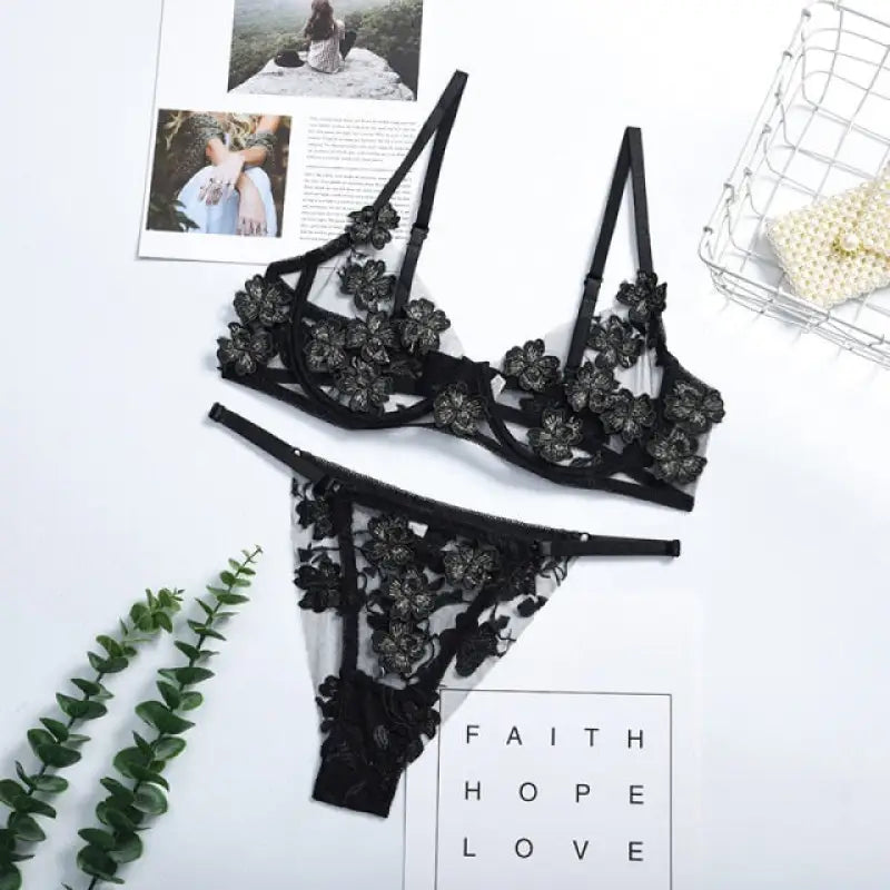 Lace Floral See Through Bra & Panty Set - black / M