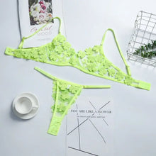 Load image into Gallery viewer, Lace Floral See Through Bra &amp; Panty Set - Neon Green / L