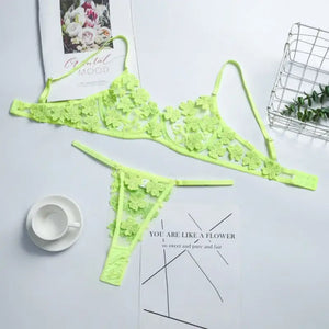 Lace Floral See Through Bra & Panty Set - Neon Green / L