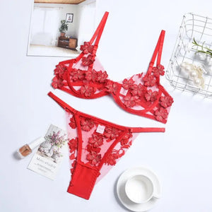 Lace Floral See Through Bra & Panty Set - Red / L