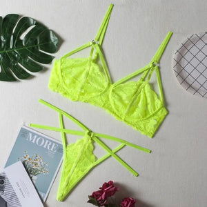 Lace Hollow Out Bra & Thong 2 Piece Set - neon green / S
