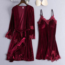 Load image into Gallery viewer, Lace Kimono Pajama Set - Burgundy - C / M