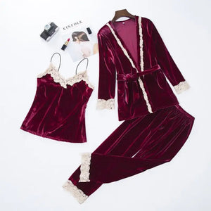 Lace Kimono Pajama Set - Burgundy - E / M