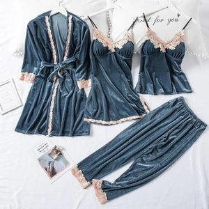 Lace Kimono Pajama Set - Gray - B / L