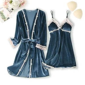 Lace Kimono Pajama Set - Gray - D / M
