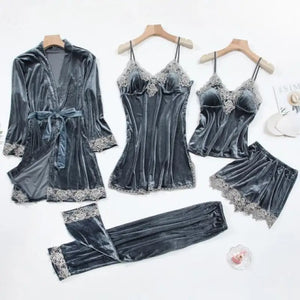 Lace Kimono Pajama Set - Gray - A / L