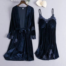 Load image into Gallery viewer, Lace Kimono Pajama Set - Navy Blue - C / M