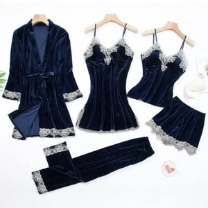 Lace Kimono Pajama Set - Navy Blue - A / L
