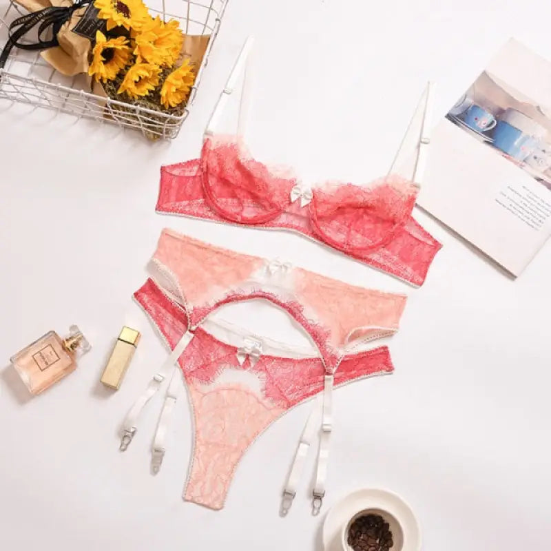 Lace Pink Patchwork Transparent Bra & Panty with Garter - L
