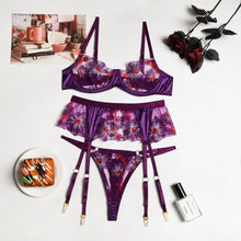 Load image into Gallery viewer, Lace Purple Floral Embroidery Bra &amp; Panty Set - S