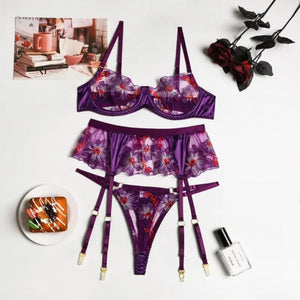 Lace Purple Floral Embroidery Bra & Panty Set - S
