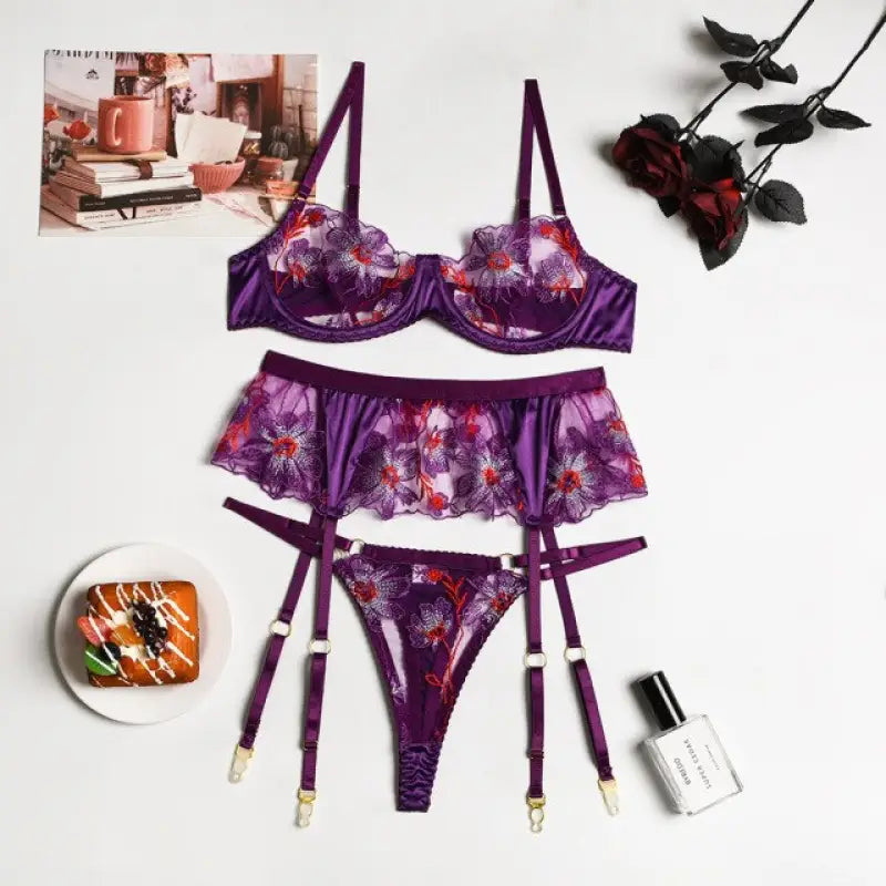 Lace Purple Floral Embroidery Bra & Panty Set - S