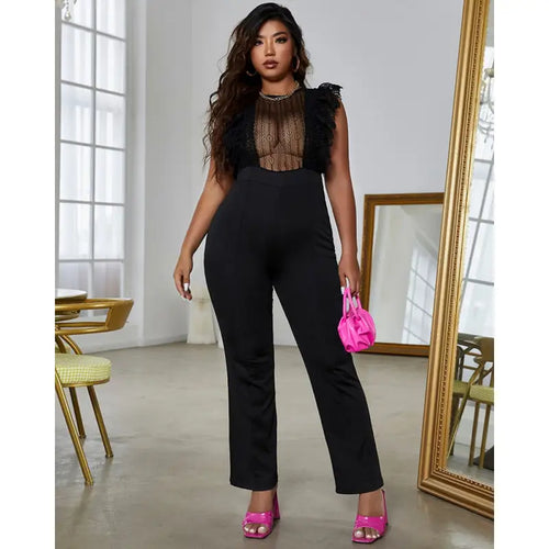 Lace Ruffle Hem See Through Sleeveless Long Jumpsuit