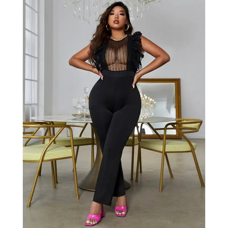Lace Ruffle Hem See Through Sleeveless Long Jumpsuit