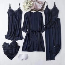 Load image into Gallery viewer, Lace Satin Robe 5PC Lounge Sleepwear - Bavy Blue Set - B
