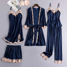 Load image into Gallery viewer, Lace Satin Robe 5PC Lounge Sleepwear - Bavy Blue Set - C / M