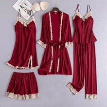 Load image into Gallery viewer, Lace Satin Robe 5PC Lounge Sleepwear - Burgundy Set - C / XL