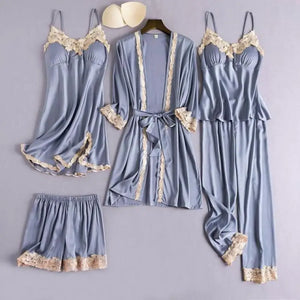 Lace Satin Robe 5PC Lounge Sleepwear - Gray Set - C / XL