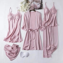 Load image into Gallery viewer, Lace Satin Robe 5PC Lounge Sleepwear - Pink Set - B / XL