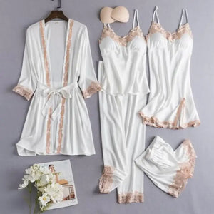Lace Satin Robe 5PC Lounge Sleepwear - White Set - C / XL