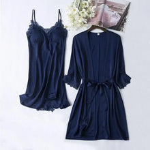 Load image into Gallery viewer, Lace Satin Robe Sleepwear Set - Bavy Blue - B / XXL