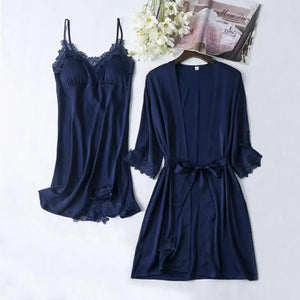 Lace Satin Robe Sleepwear Set - Bavy Blue - B / XXL