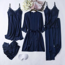 Load image into Gallery viewer, Lace Satin Robe Sleepwear Set - Bavy Blue - A / XXL