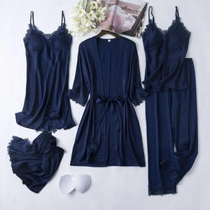 Lace Satin Robe Sleepwear Set - Bavy Blue - A / XXL
