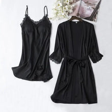 Load image into Gallery viewer, Lace Satin Robe Sleepwear Set - Black - B / XXL