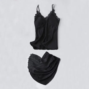 Lace Satin Robe Sleepwear Set - Black - C / XXL