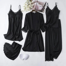 Load image into Gallery viewer, Lace Satin Robe Sleepwear Set - Black - A / M