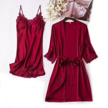 Load image into Gallery viewer, Lace Satin Robe Sleepwear Set - Burgundy - B / M