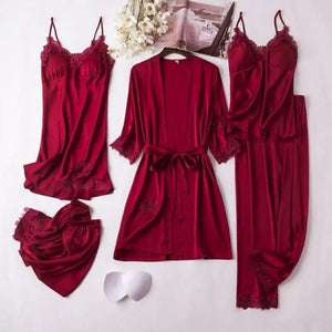 Lace Satin Robe Sleepwear Set - Burgundy - A / M