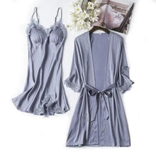 Load image into Gallery viewer, Lace Satin Robe Sleepwear Set - Gray - B / XXL