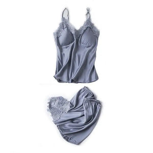 Lace Satin Robe Sleepwear Set - Gray - C / XXL