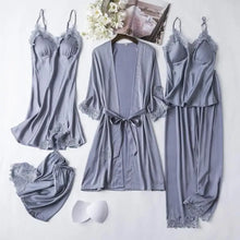 Load image into Gallery viewer, Lace Satin Robe Sleepwear Set - Gray - A / M