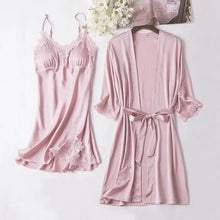 Load image into Gallery viewer, Lace Satin Robe Sleepwear Set - Pink - B / XXL