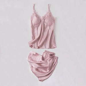 Lace Satin Robe Sleepwear Set - Pink - C / XXL