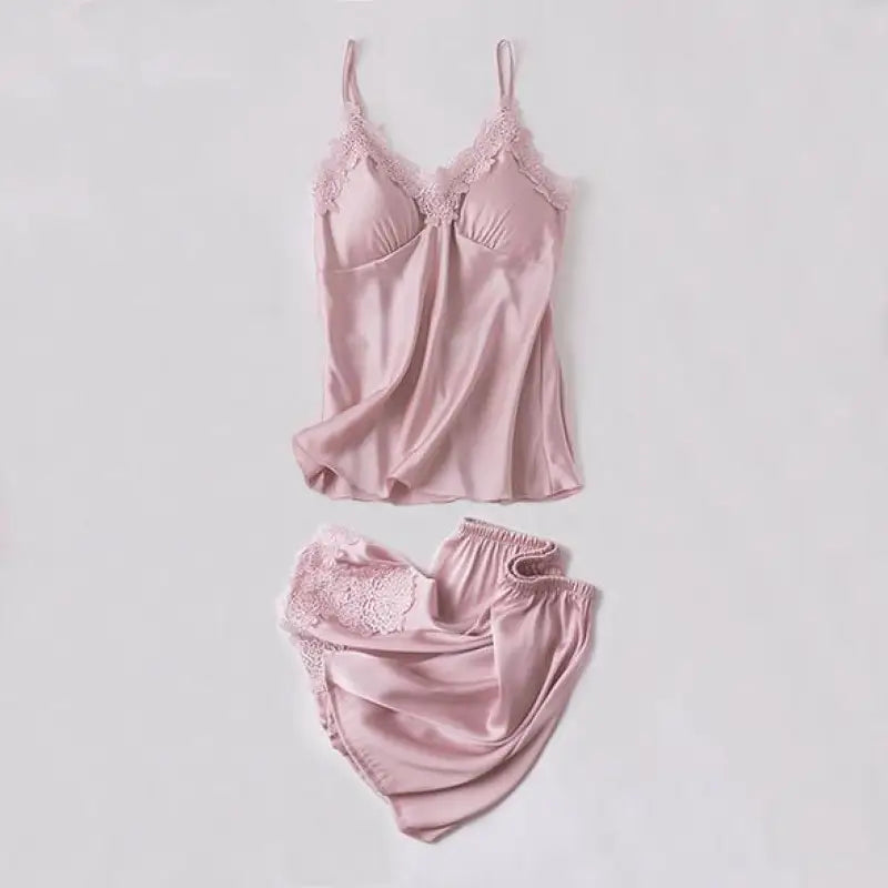 Lace Satin Robe Sleepwear Set - Pink - C / XXL