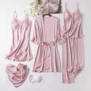 Lace Satin Robe Sleepwear Set - Pink - A / M