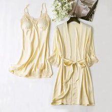 Load image into Gallery viewer, Lace Satin Robe Sleepwear Set - Yellow - B / XXL