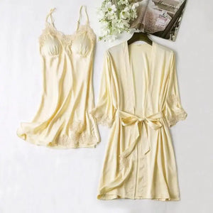 Lace Satin Robe Sleepwear Set - Yellow - B / XXL