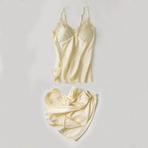 Lace Satin Robe Sleepwear Set - Yellow - C / XXL