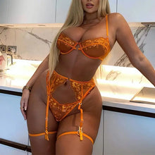 Load image into Gallery viewer, Lace See Through Push Up Open Cup Mesh Three Piece Set