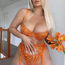Load image into Gallery viewer, Lace See Through Push Up Open Cup Mesh Three Piece Set